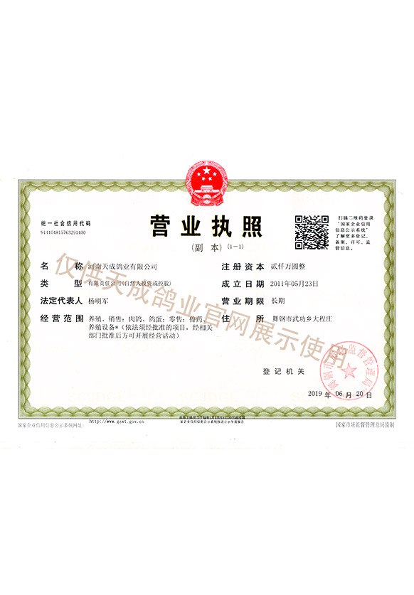 河南天成鴿業企業法人營業執照